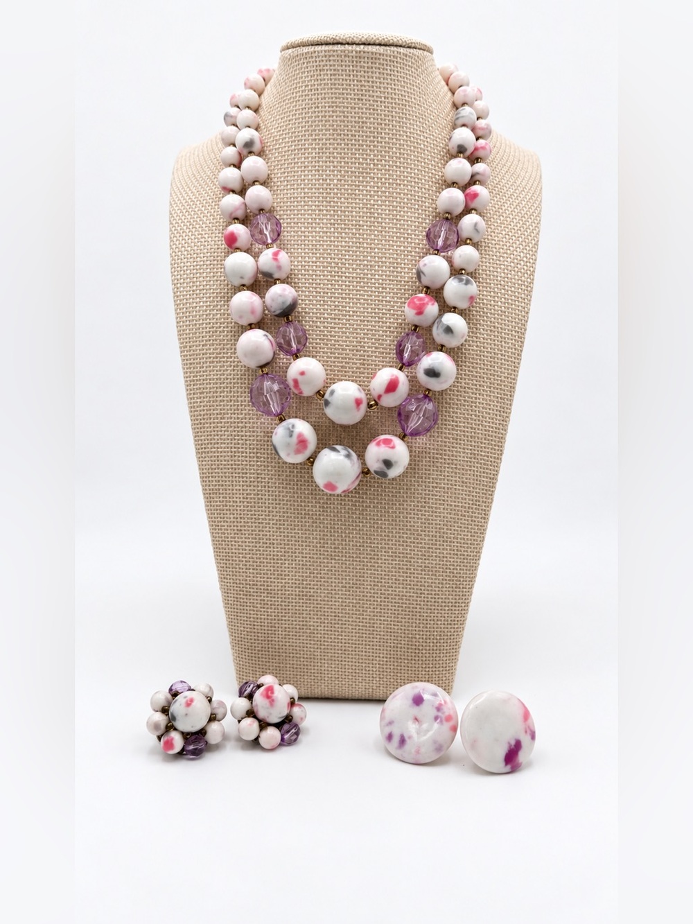 Vintage Japan Beaded Necklace and Clip-On Earrings Set, Pink Gray and Purple
